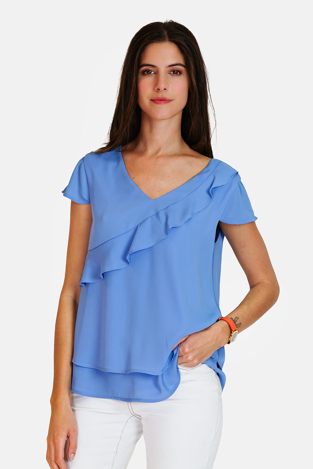 Top with V neckline in front and back with ruffles in front