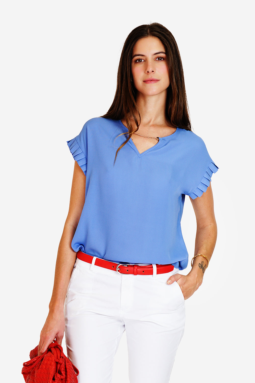 Top with fancy front ruffle on the short sleeves