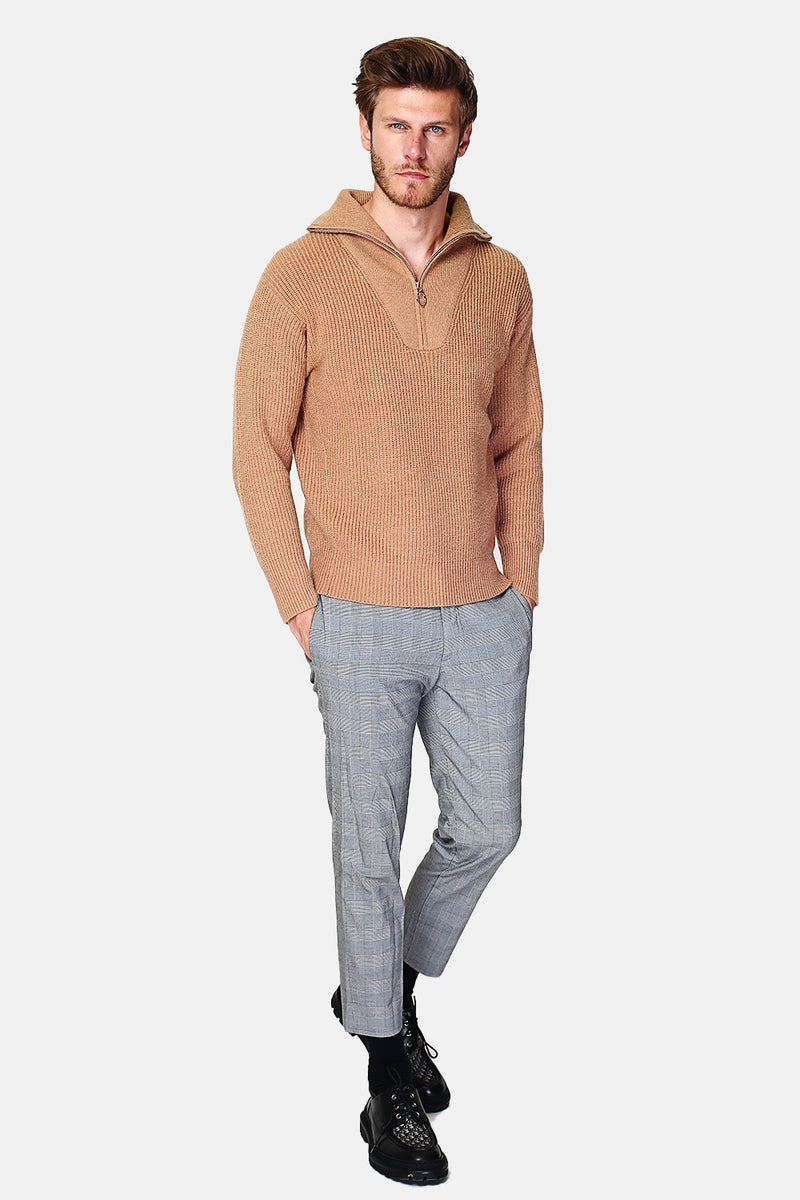 Fancy knit zipped trucker neck sweater with long sleeves – AMX