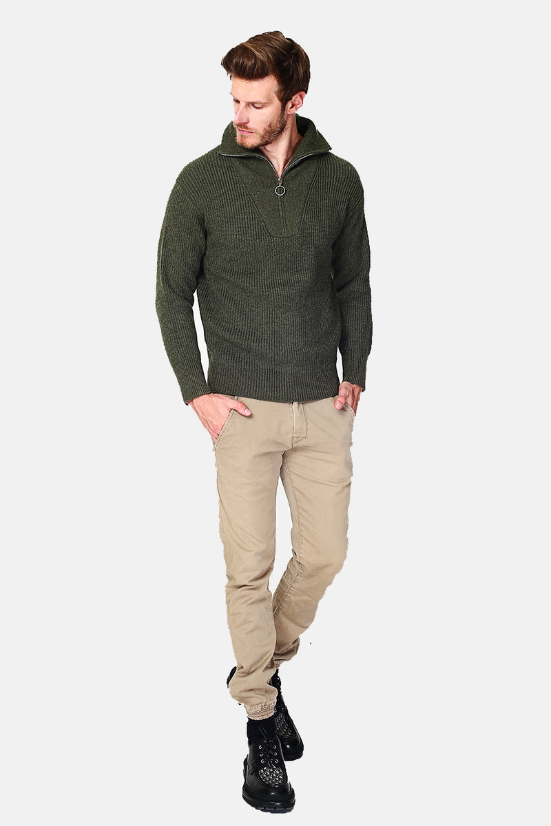 Fancy knit zipped trucker neck sweater with long sleeves – AMX