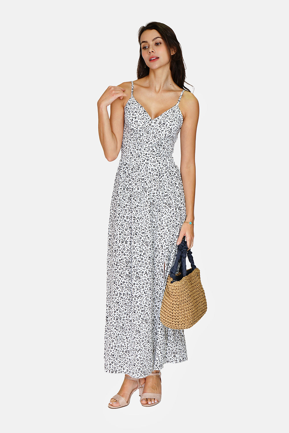 Long midi dress with thin straps, neckline and tie at the back