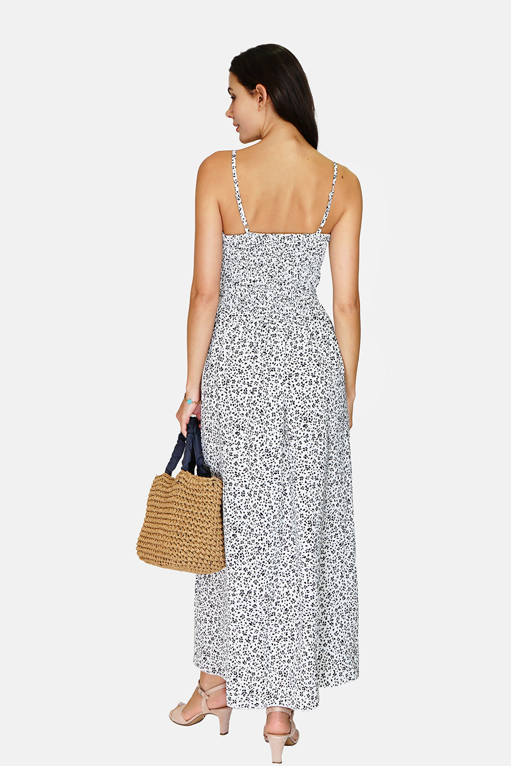 Long midi dress with thin straps, neckline and tie at the back