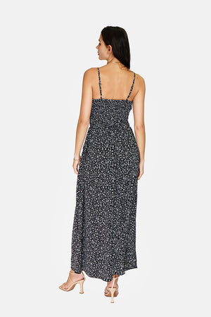 Long midi dress with thin straps, neckline and tie at the back