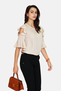 Round neck top with 3/4 ruffled sleeves