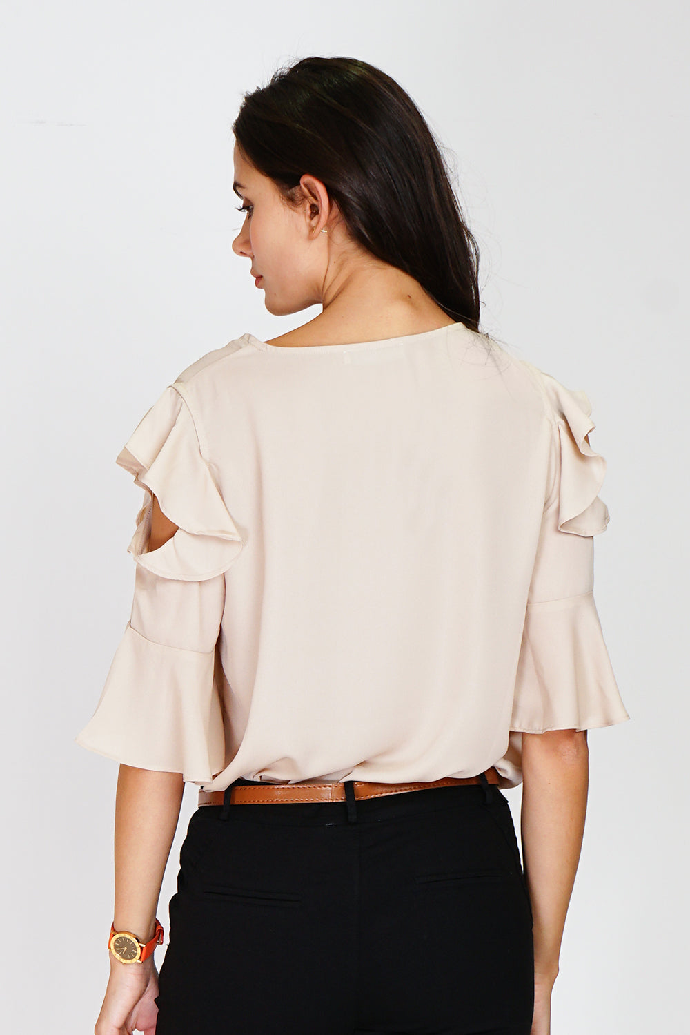 Round neck top with 3/4 ruffled sleeves