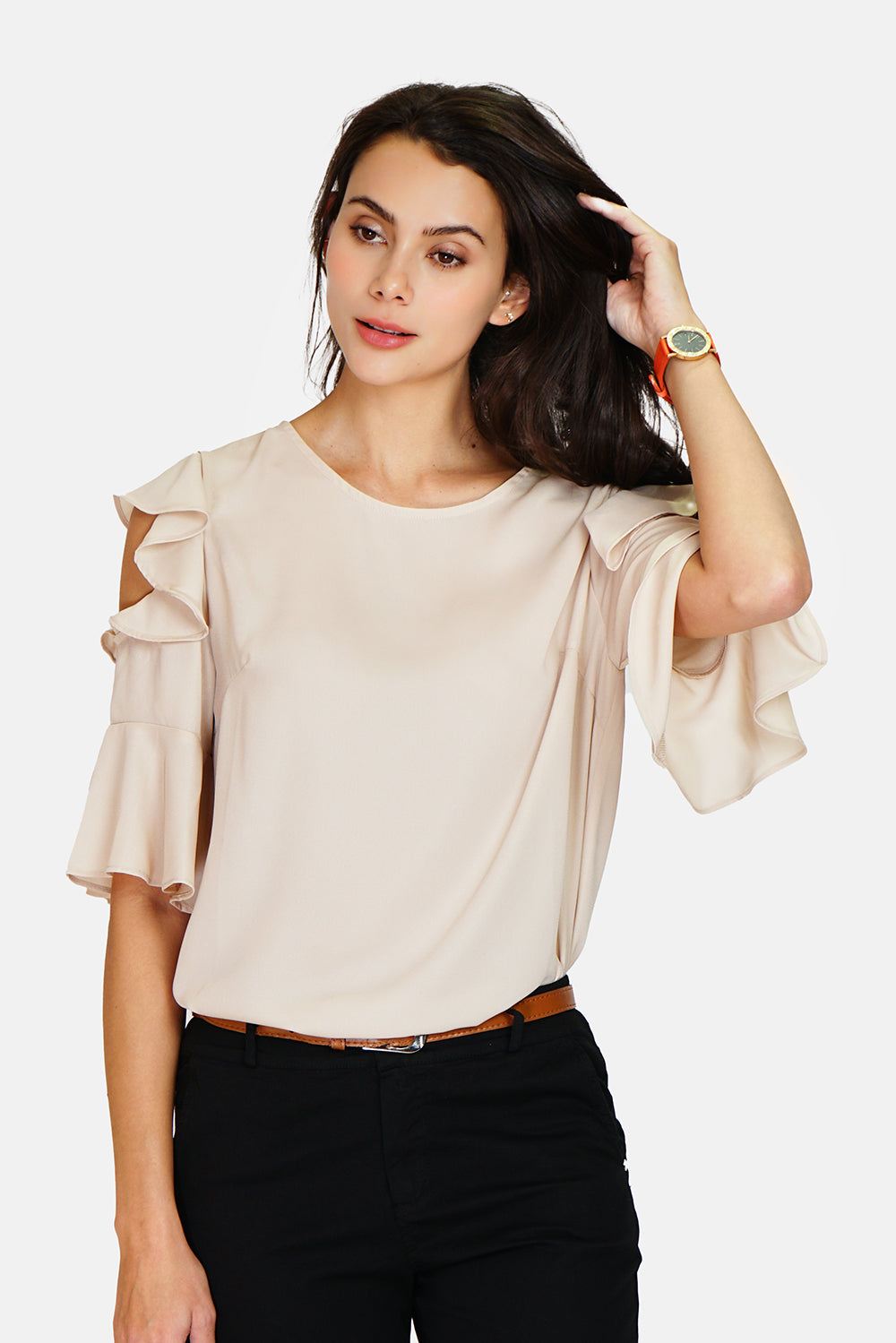 Round neck top with 3/4 ruffled sleeves