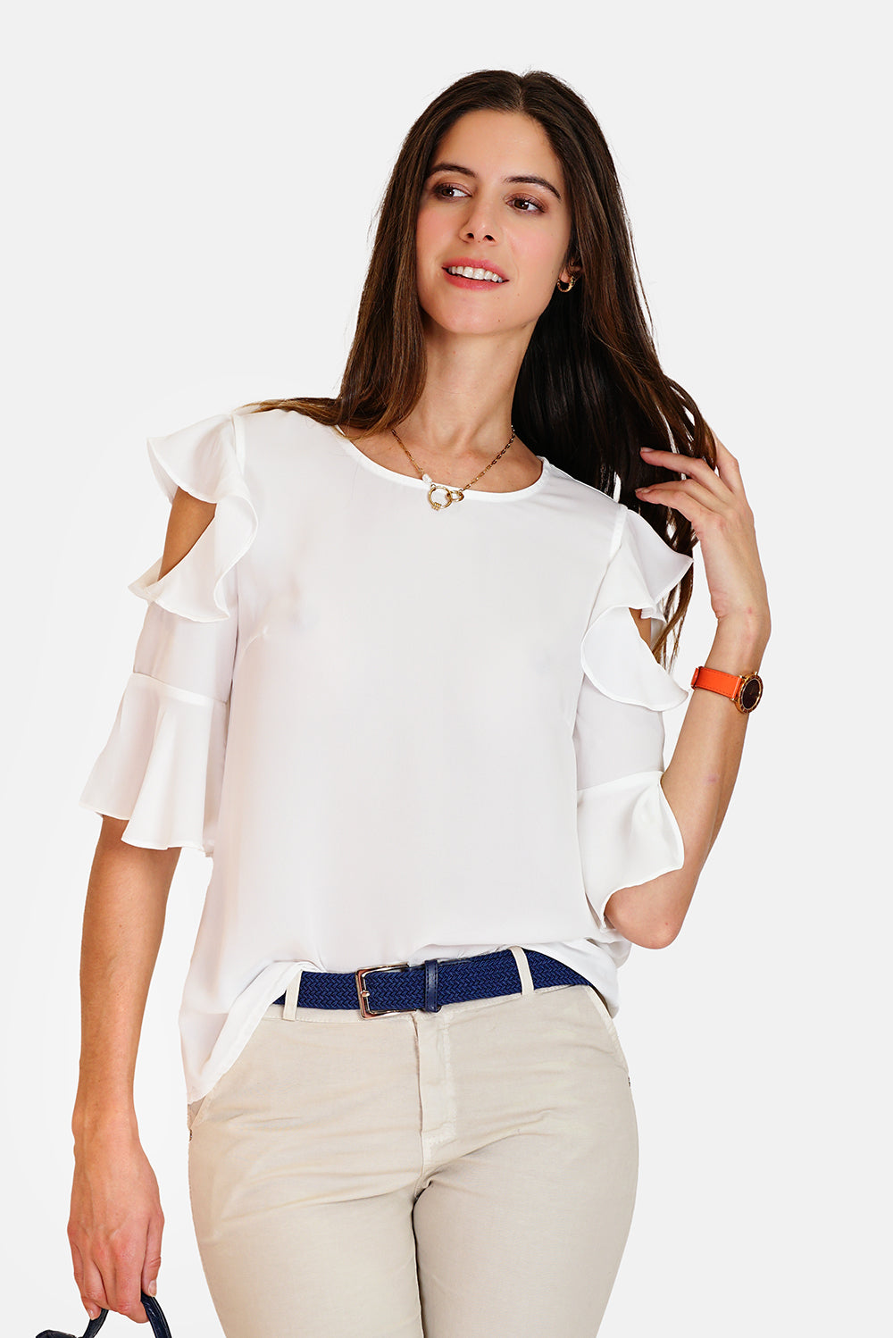 Round neck top with 3/4 ruffled sleeves