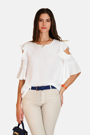 Round neck top with 3/4 ruffled sleeves