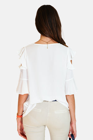 Round neck top with 3/4 ruffled sleeves