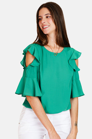 Round neck top with 3/4 ruffled sleeves