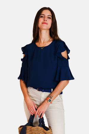 Round neck top with 3/4 ruffled sleeves