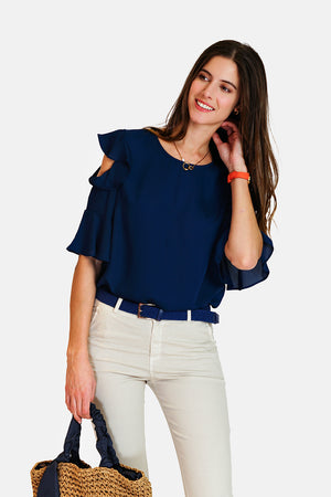 Round neck top with 3/4 ruffled sleeves