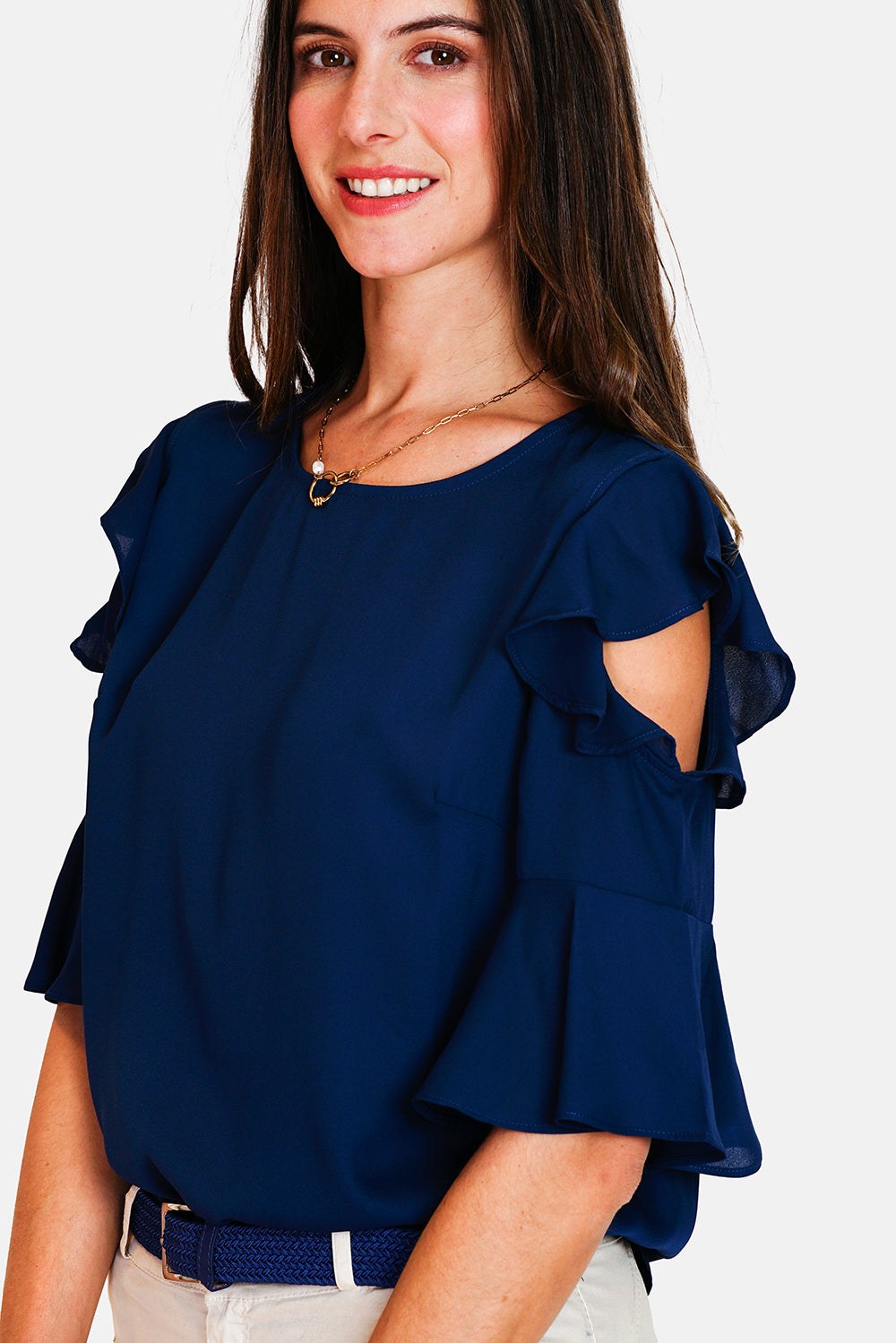 Round neck top with 3/4 ruffled sleeves