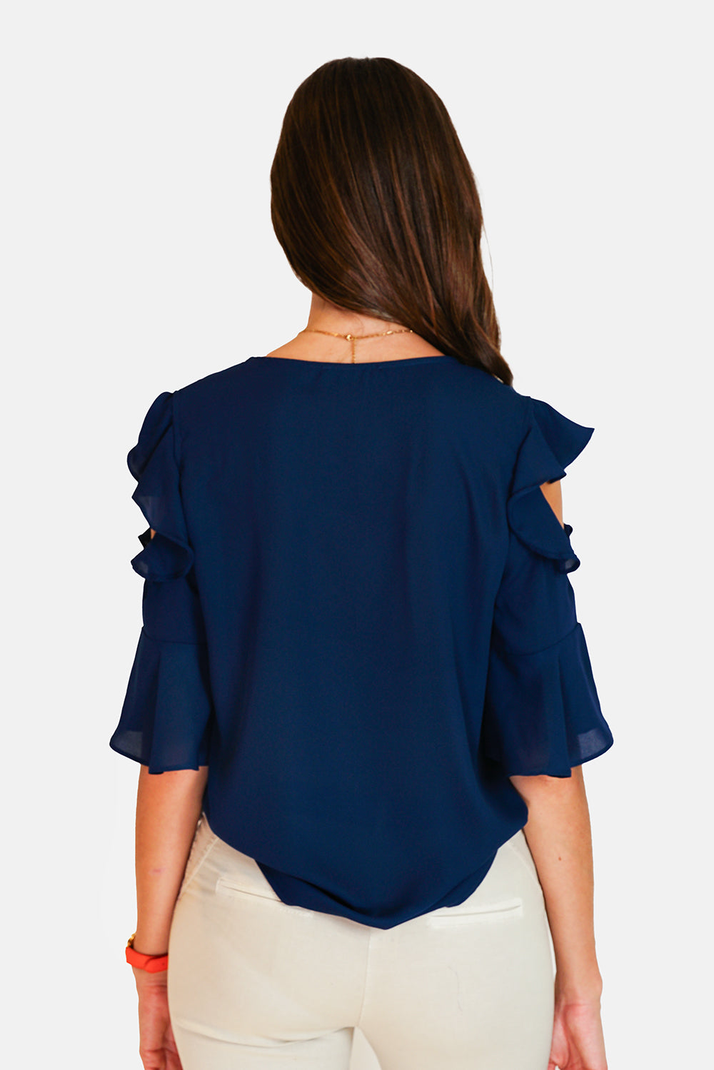 Round neck top with 3/4 ruffled sleeves