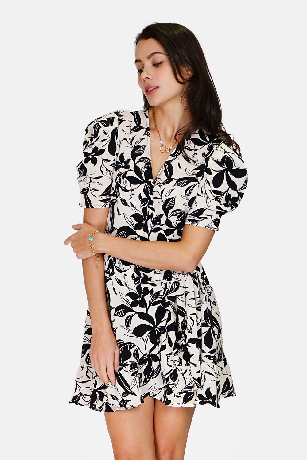 Ruffled bottom printed wrap dress with 3/4 sleeves