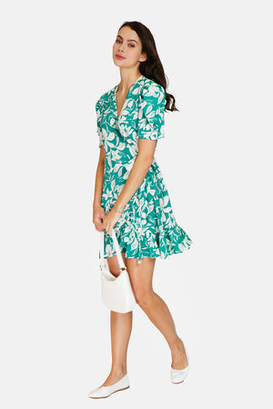 Ruffled bottom printed wrap dress with 3/4 sleeves