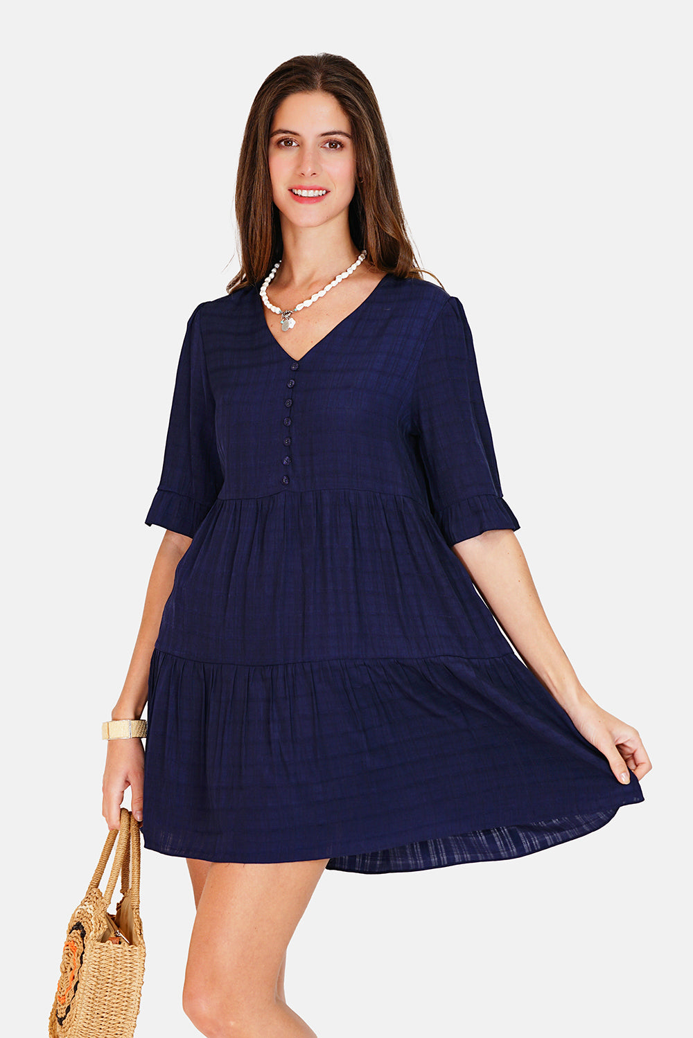 V-neck babydoll dress with 3/4 sleeves