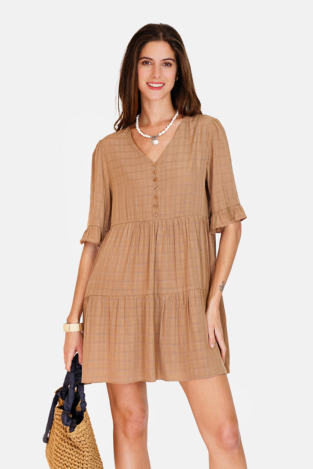 V-neck babydoll dress with 3/4 sleeves