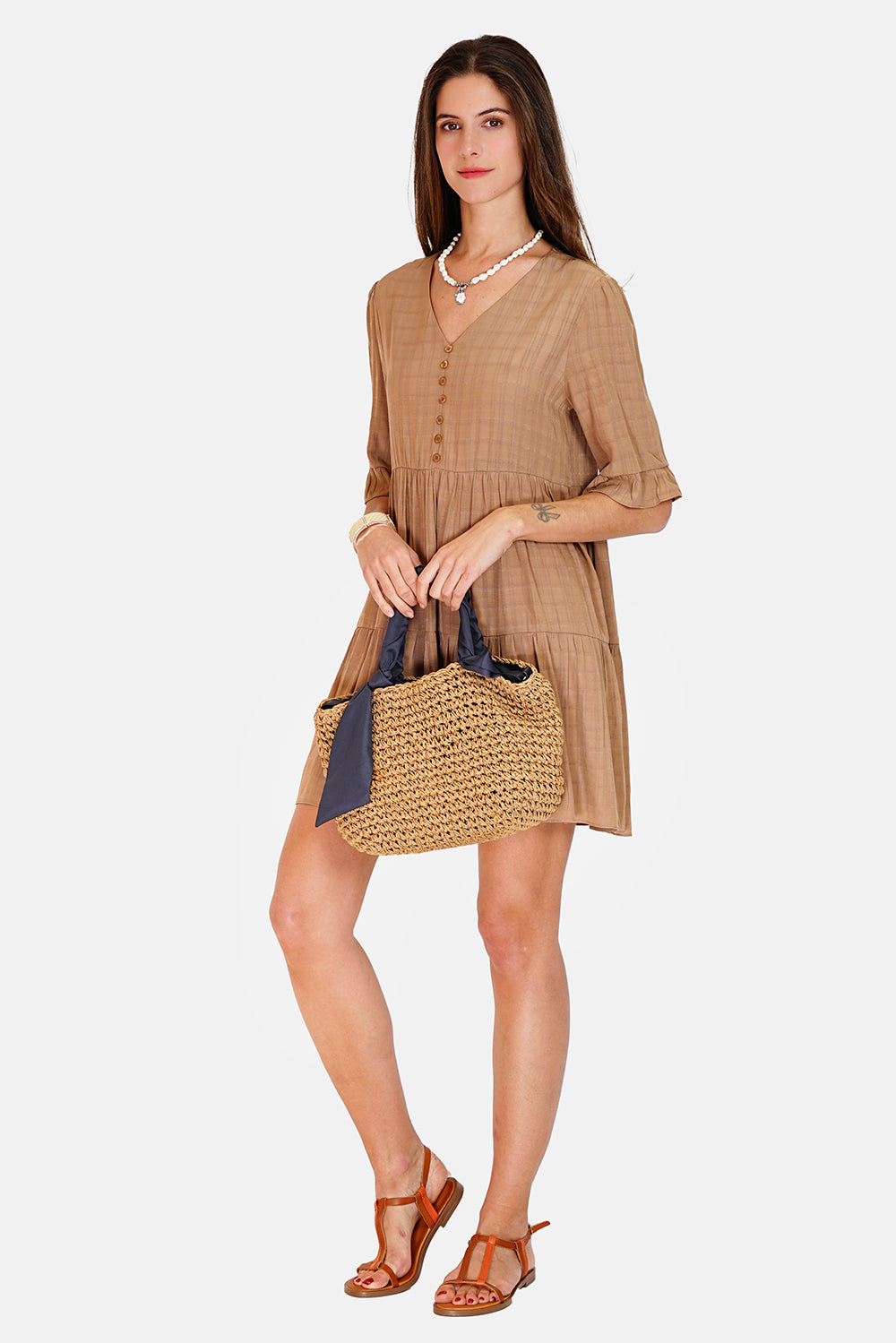V-neck babydoll dress with 3/4 sleeves