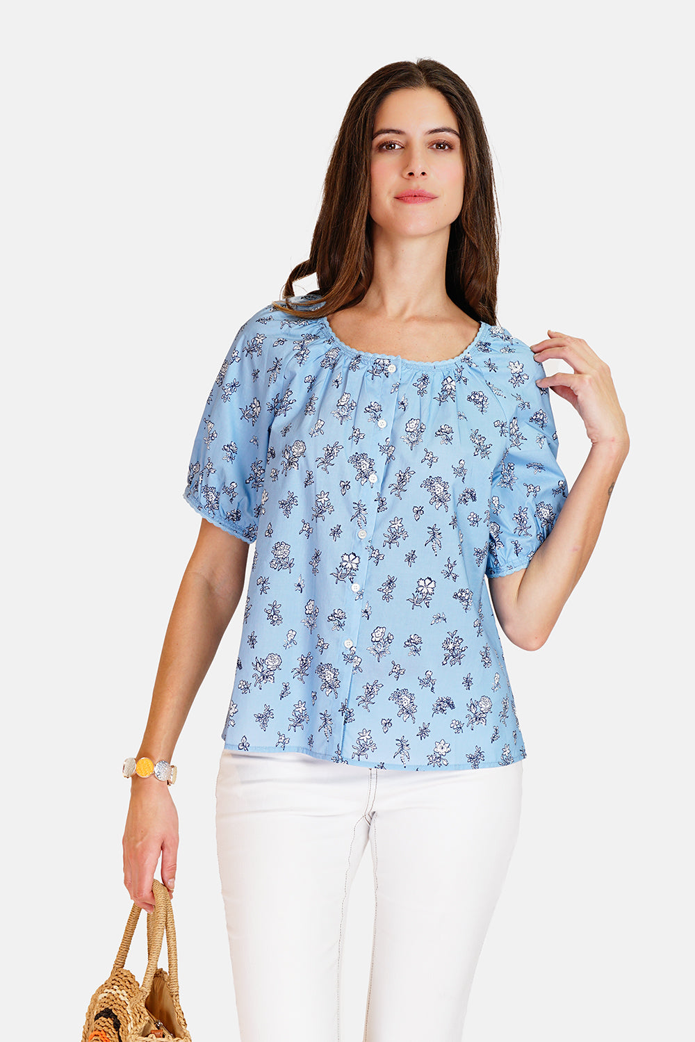 Blouse with embroidery at the edge of the collar, 3/4 sleeves in print