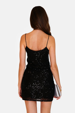 Short dress with thin straps in sequins