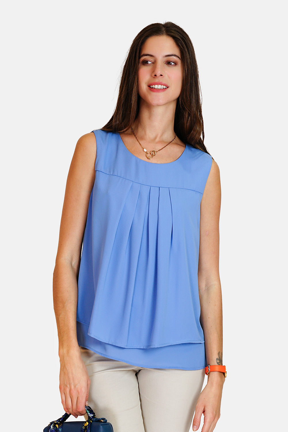 Pleated round neck top with lined front
