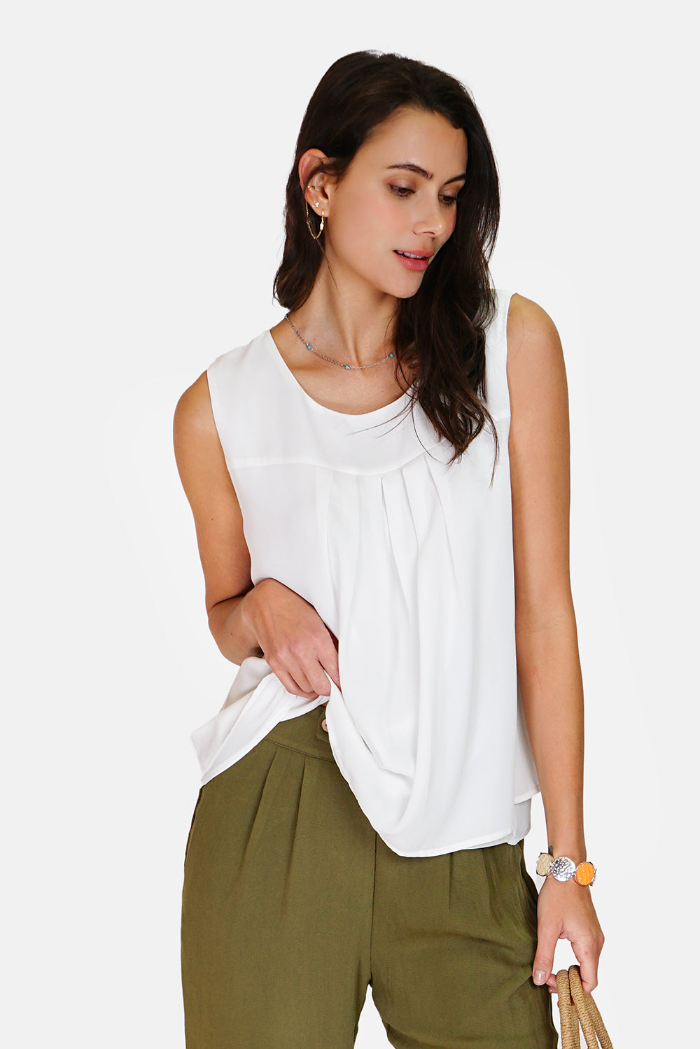 Pleated round neck top with lined front