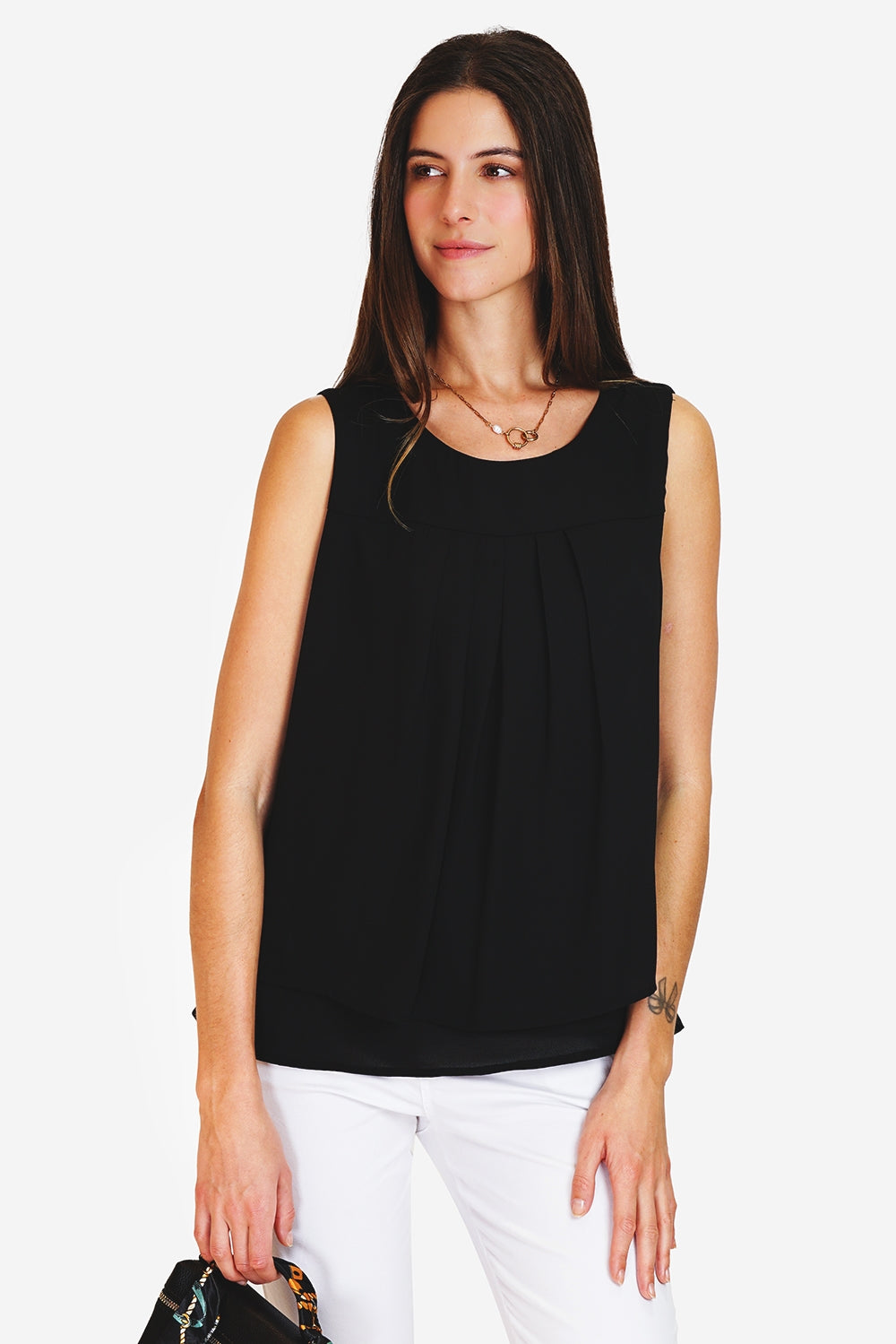 Pleated round neck top with lined front