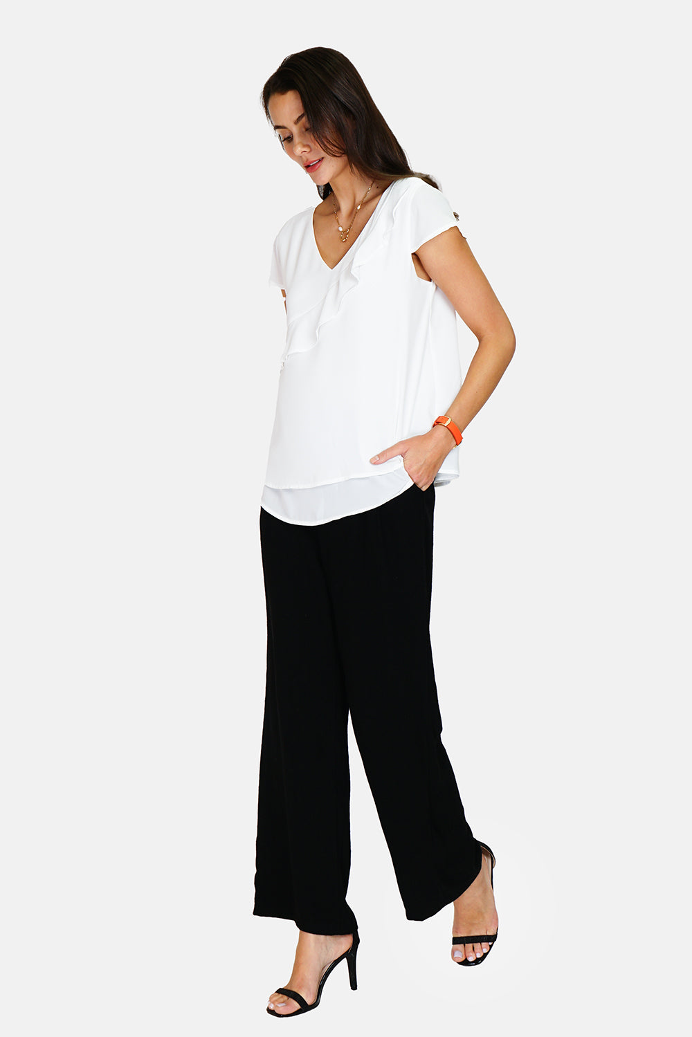 Top with V neckline in front and back with ruffles in front