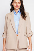 Veste col à revers manches 3/4 bouton doré – Camel – Assuili