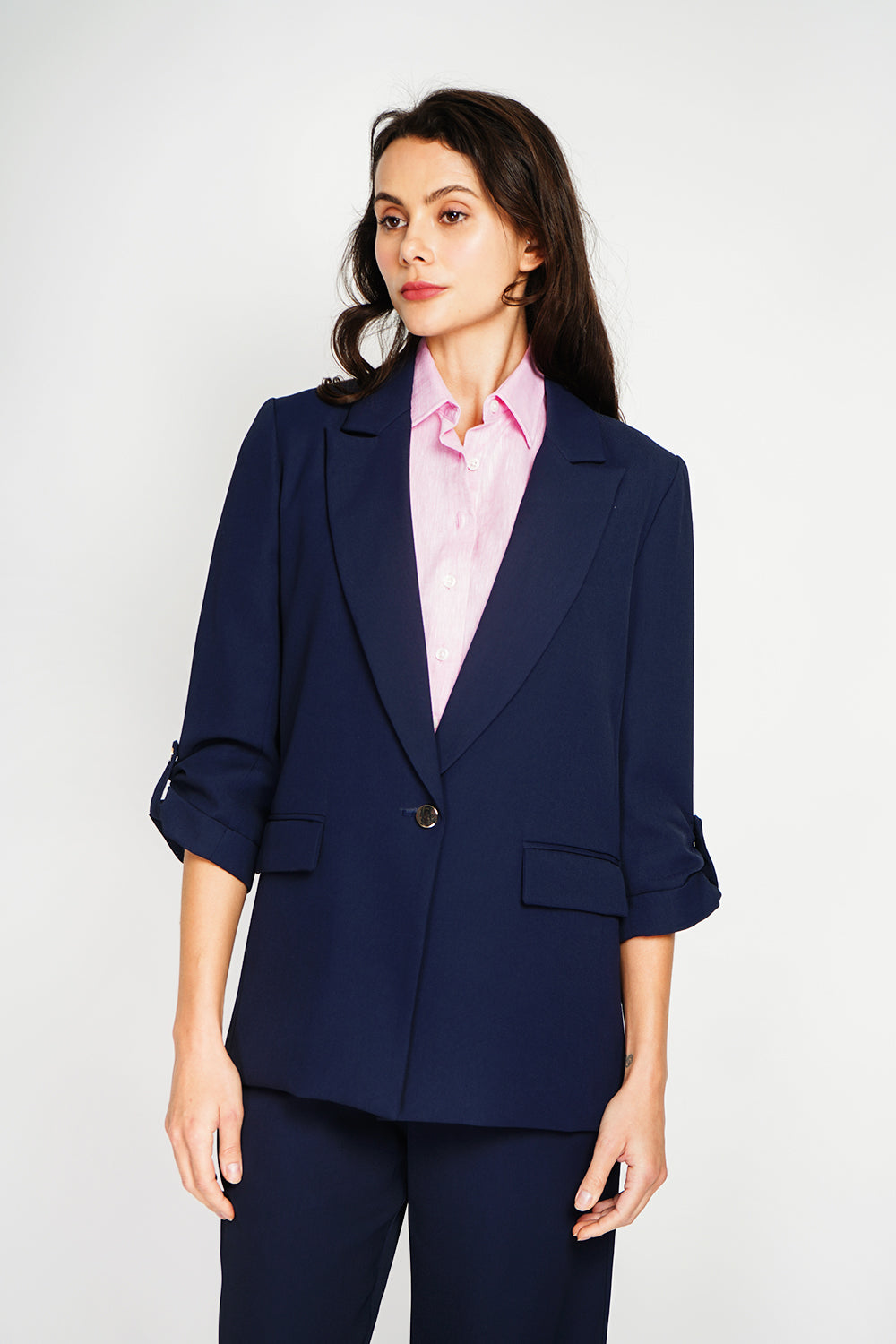 Veste col à revers manches 3/4 bouton doré – Bleu marine – Assuili