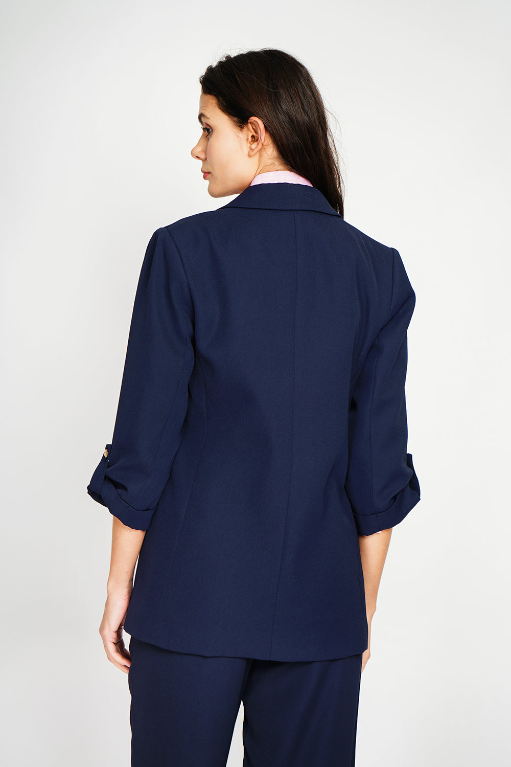 Veste col à revers manches 3/4 bouton doré – Bleu marine – Assuili