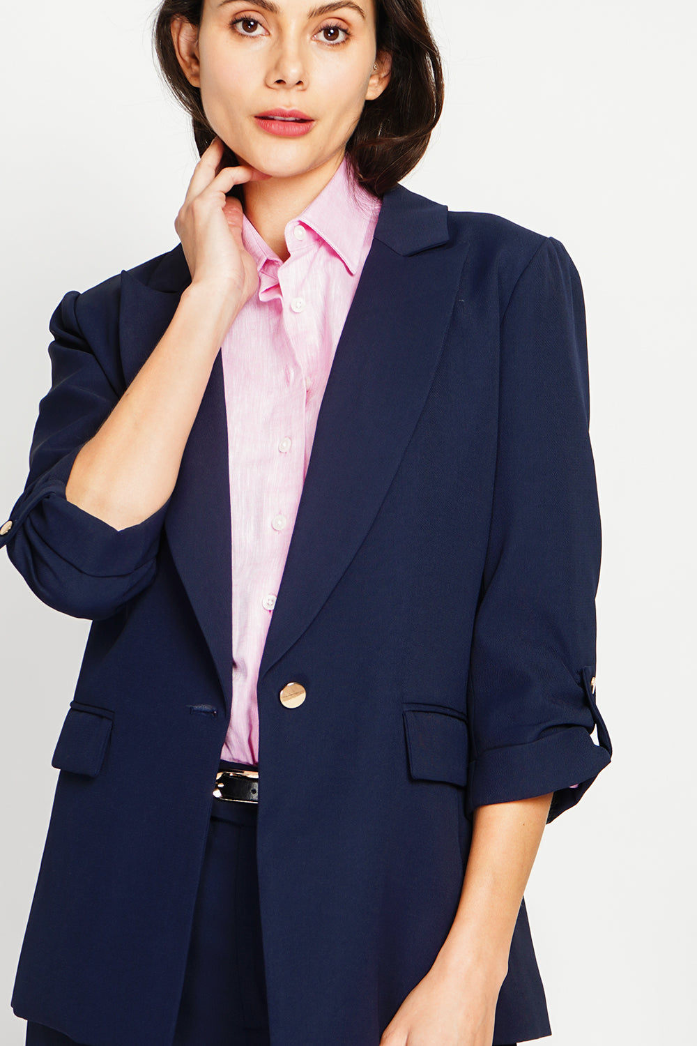 Veste col à revers manches 3/4 bouton doré – Bleu marine – Assuili