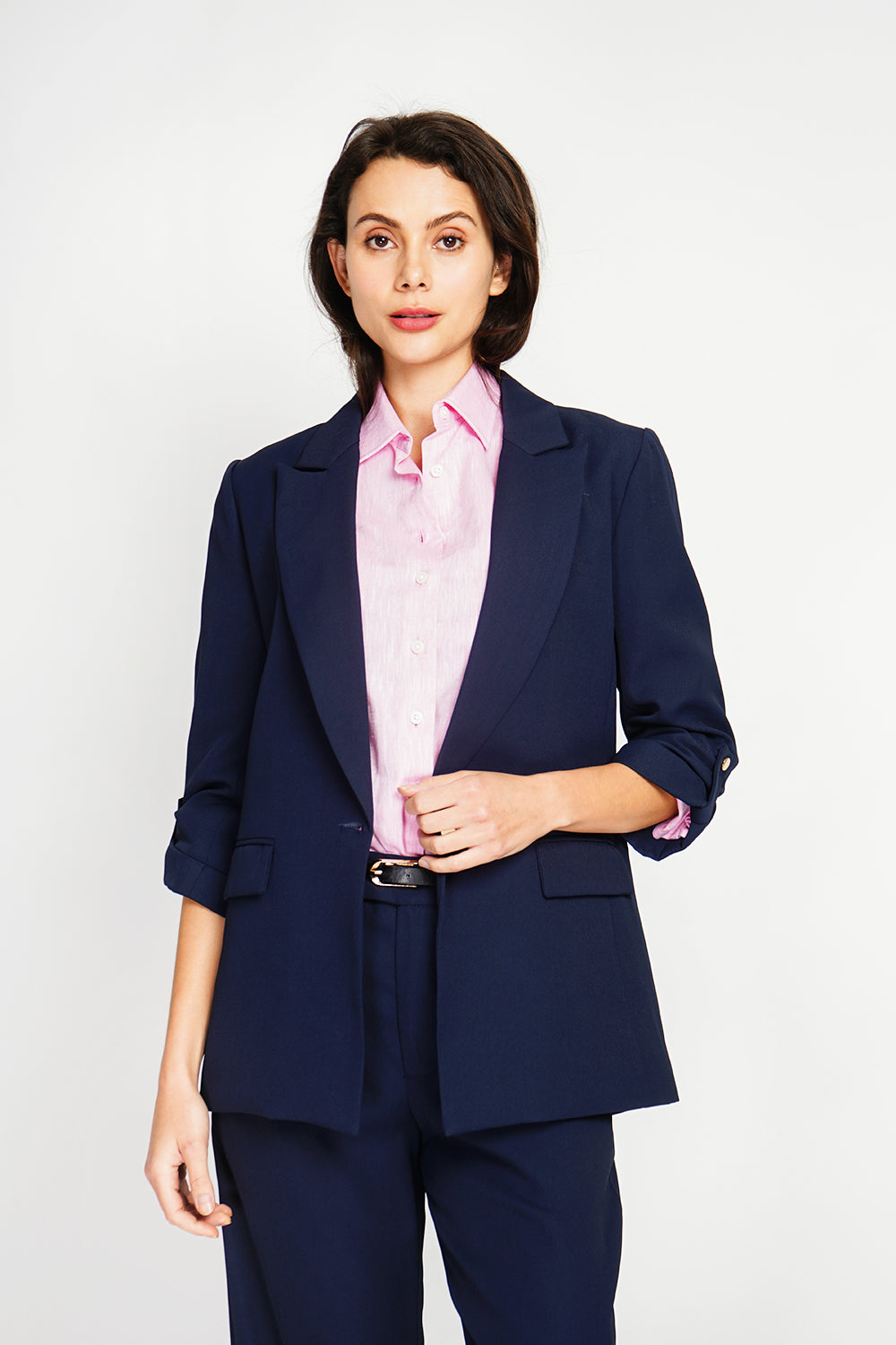 Veste col à revers manches 3/4 bouton doré – Bleu marine – Assuili