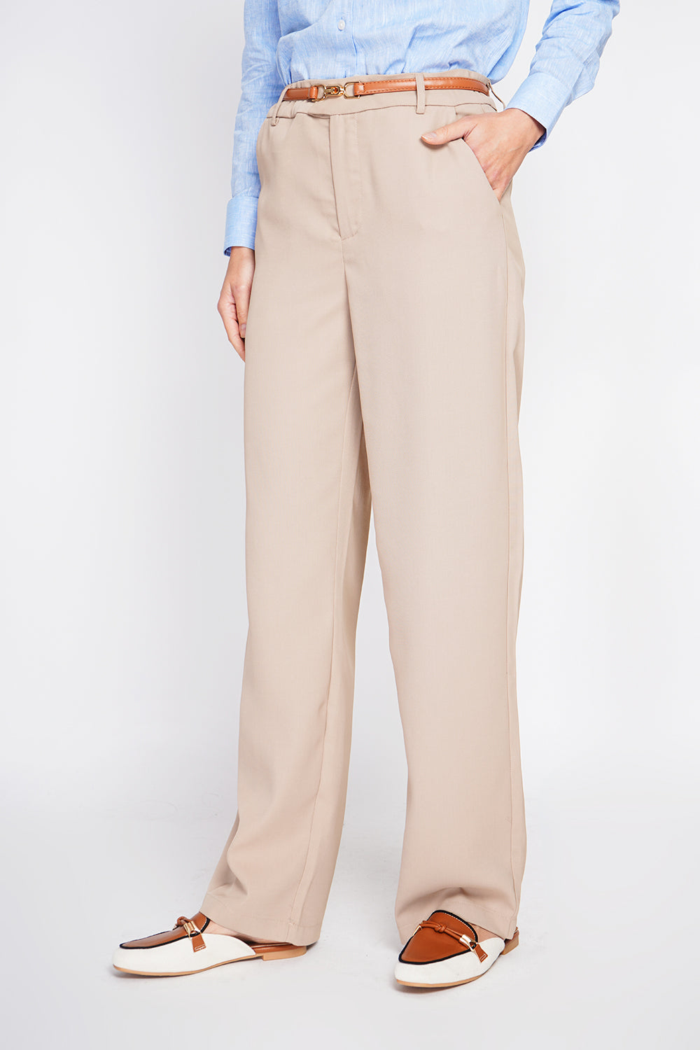 Mid-rise straight leg pants with pockets – Camel – Assuili