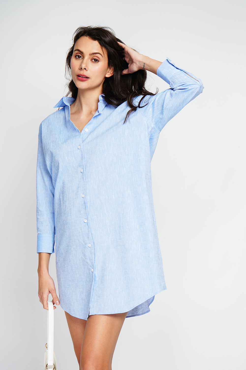 Robe chemise col classique coupe large – Bleu azur – Assuili