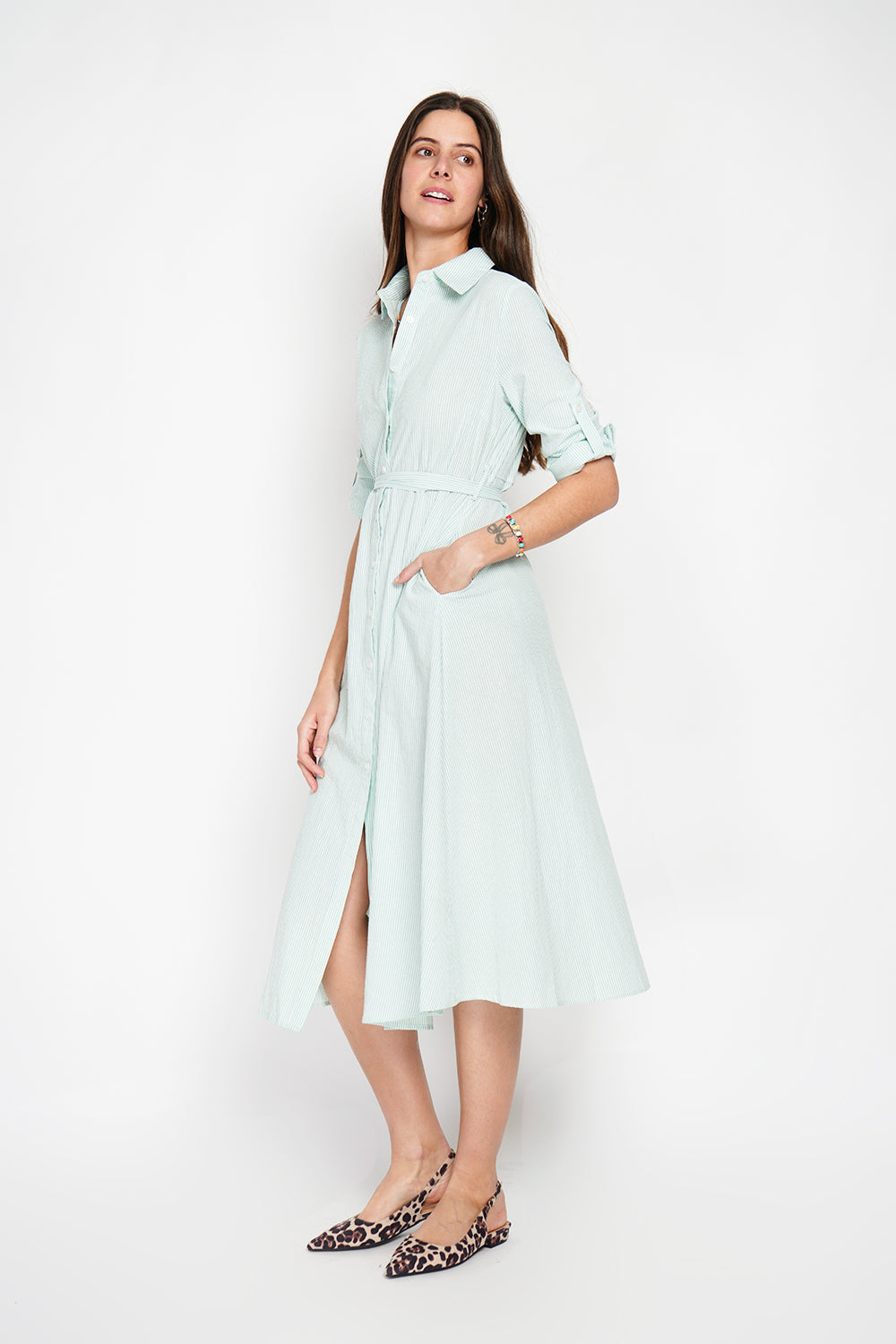 Button-front long-sleeve shirt dress with pin-stripe belt