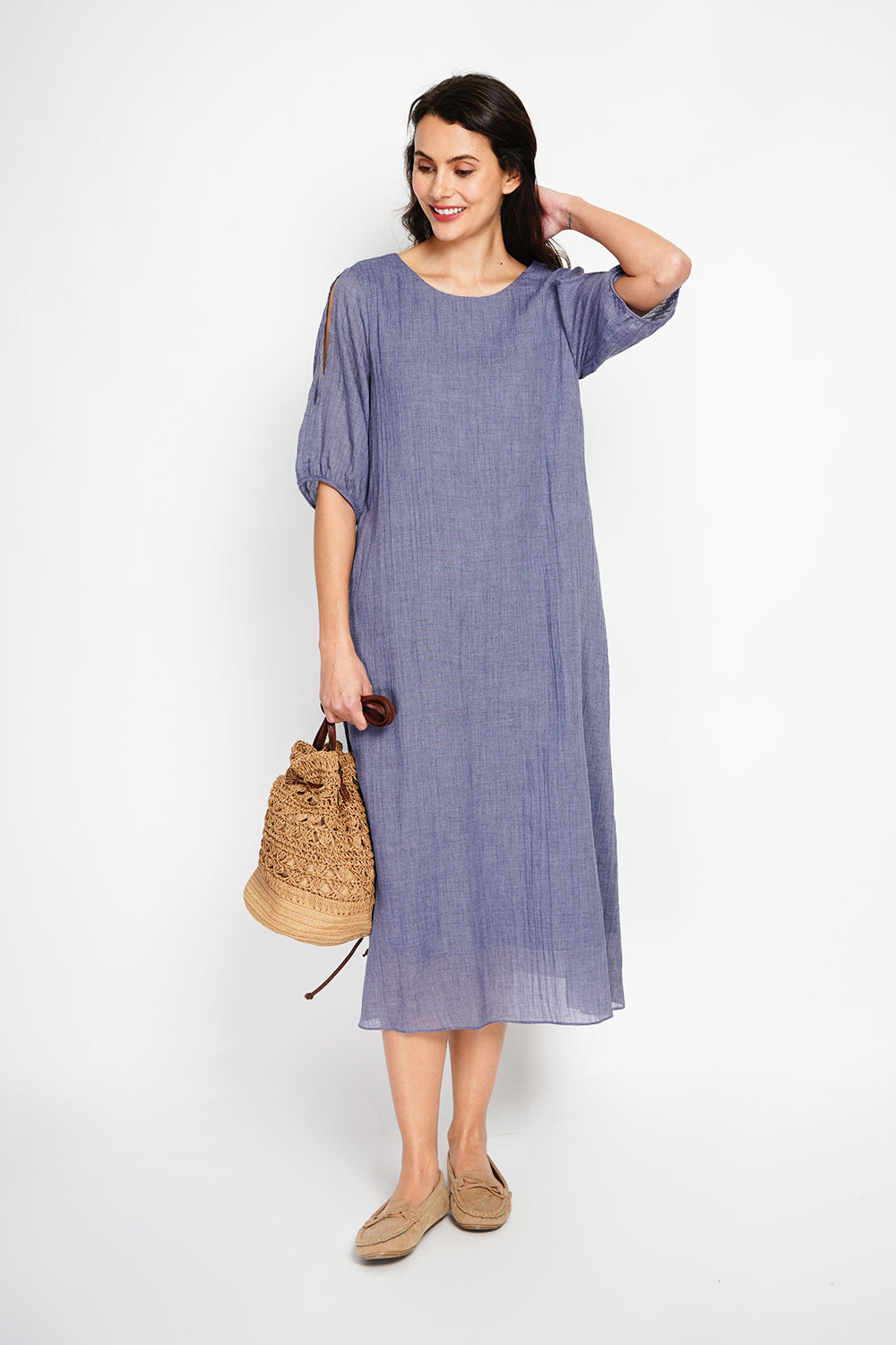 Robe longue manches 3/4 ouvertes – Bleu jean – Assuili