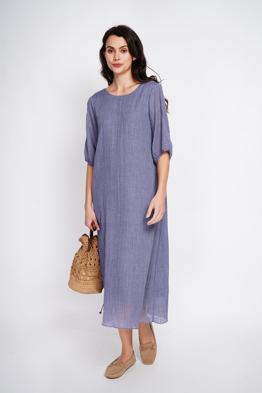 Robe longue manches 3/4 ouvertes – Bleu jean – Assuili