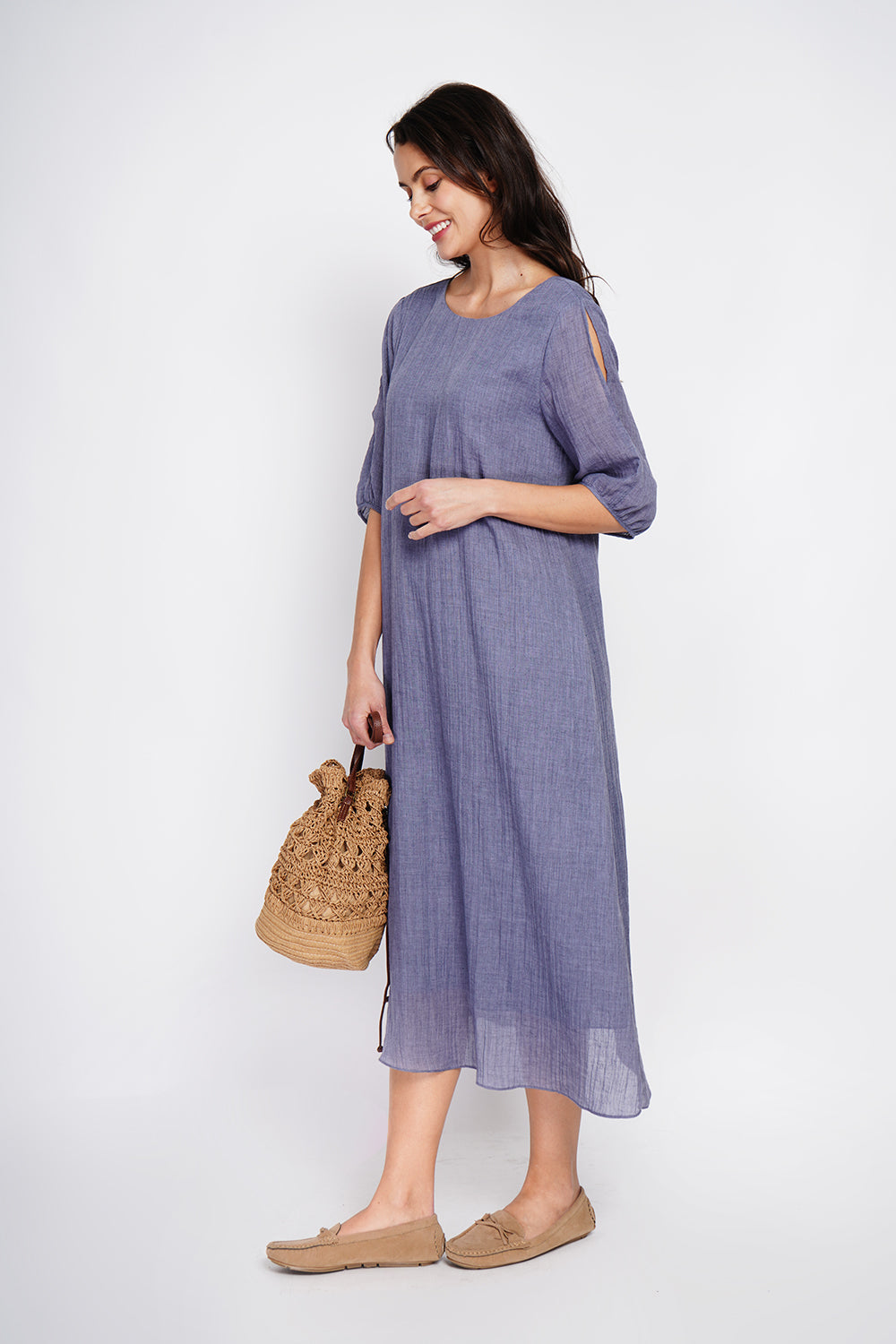 Robe longue manches 3/4 ouvertes – Bleu jean – Assuili