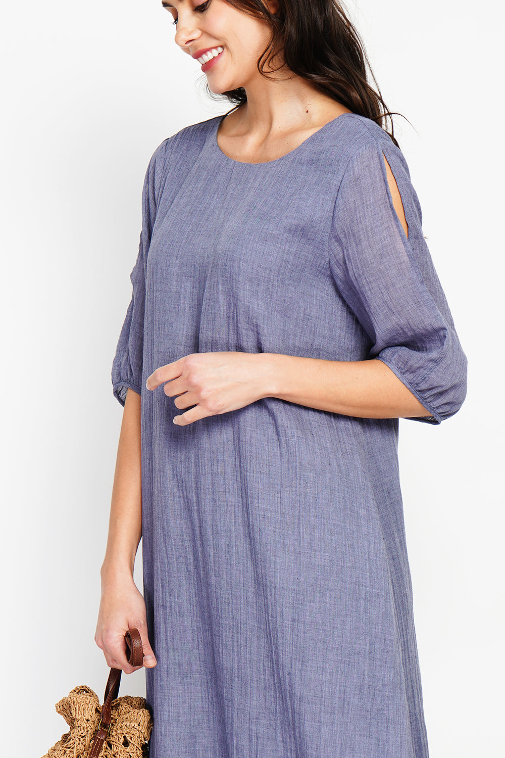 Robe longue manches 3/4 ouvertes – Bleu jean – Assuili