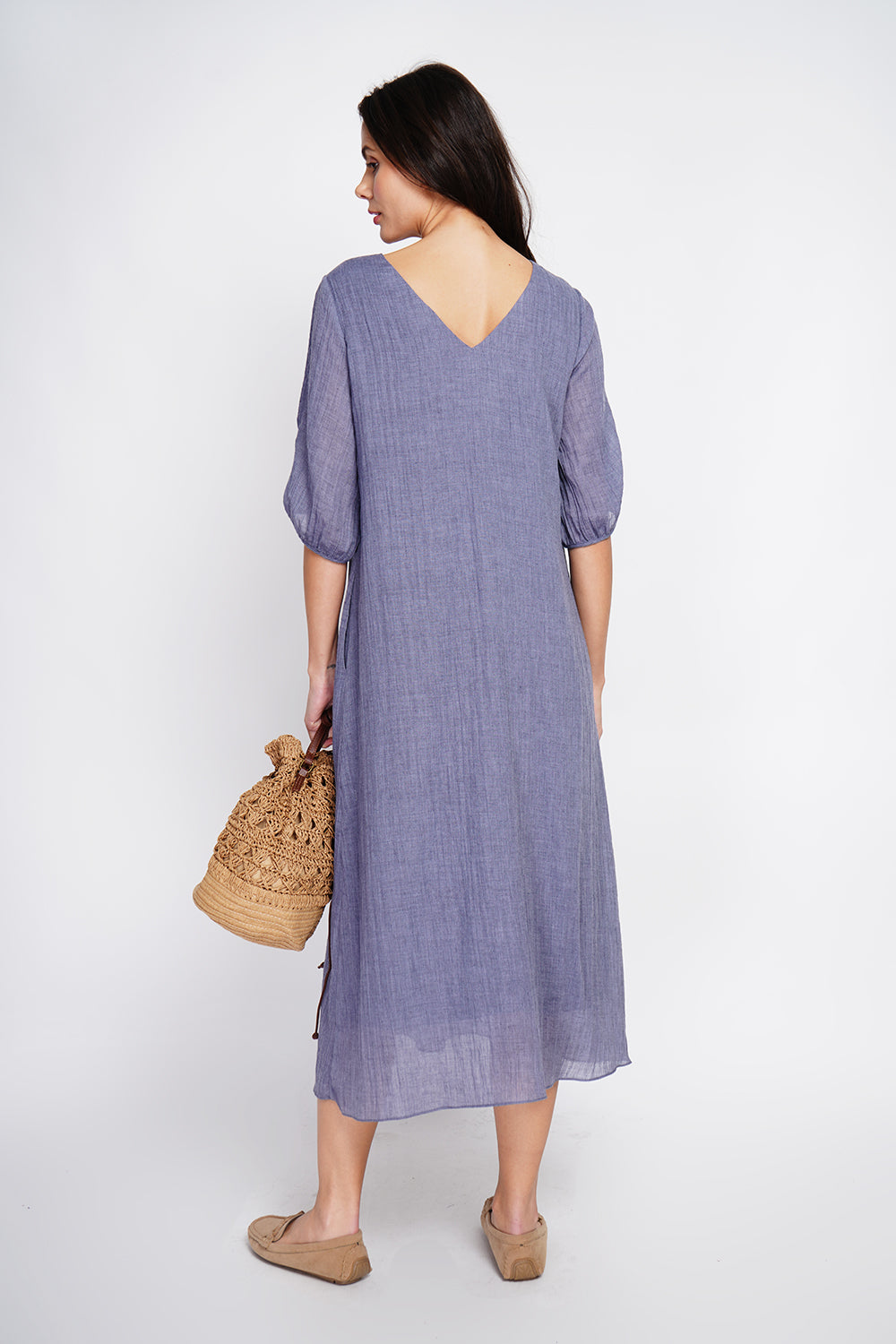 Robe longue manches 3/4 ouvertes – Bleu jean – Assuili