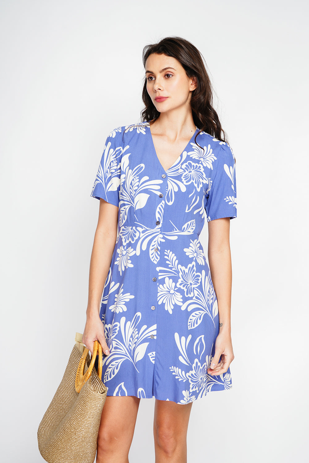 Robe midi boutonnée devant manches courtes – Bleu azur – Assuili