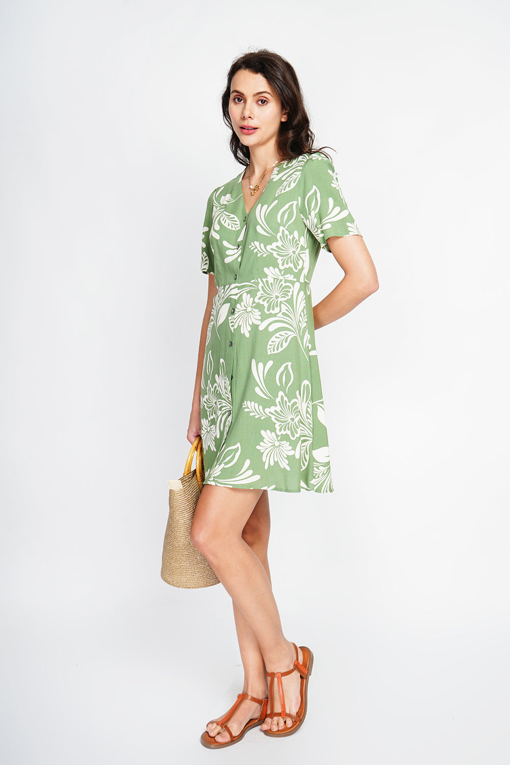 Robe midi boutonnée devant manches courtes – Vert menthe – Assuili