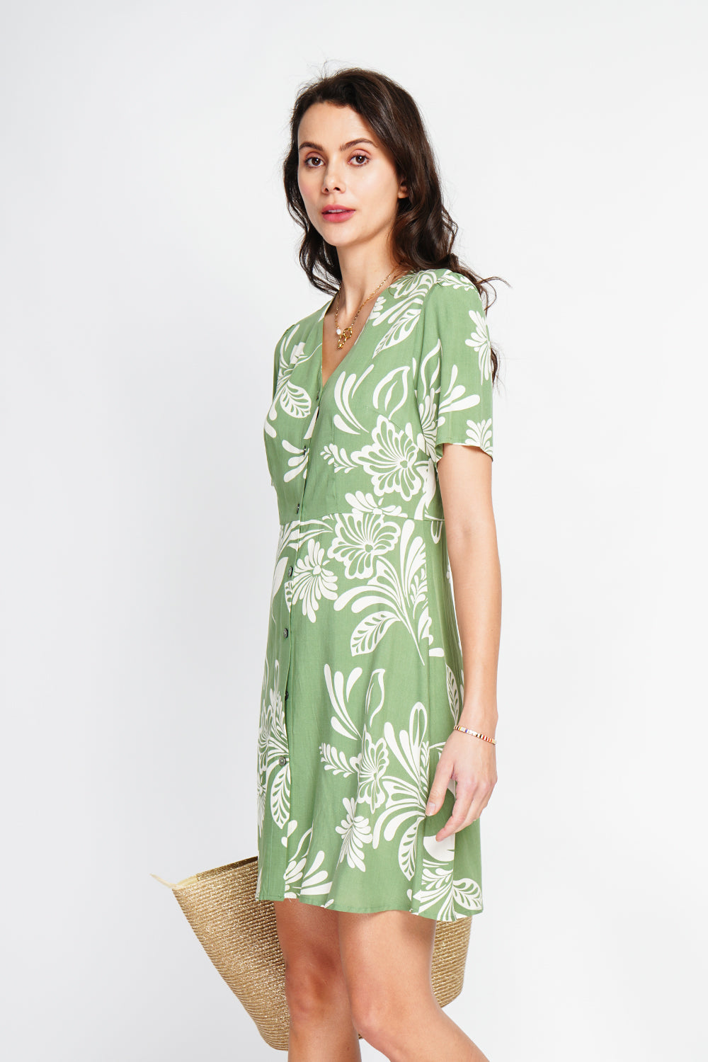 Robe midi boutonnée devant manches courtes – Vert menthe – Assuili