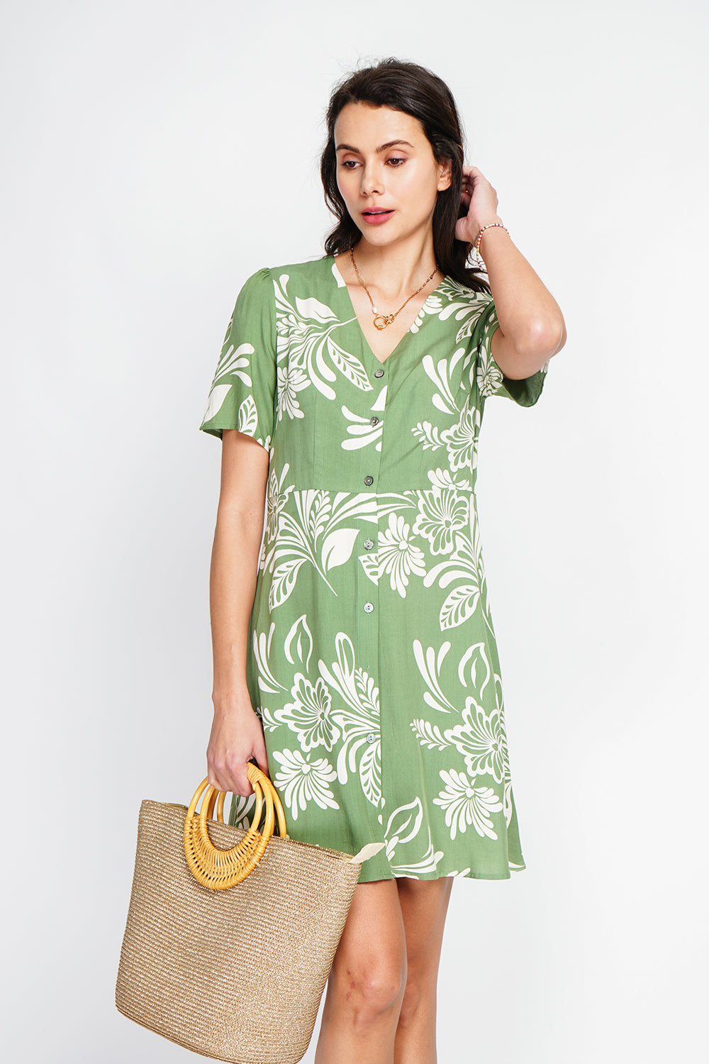 Robe midi boutonnée devant manches courtes – Vert menthe – Assuili