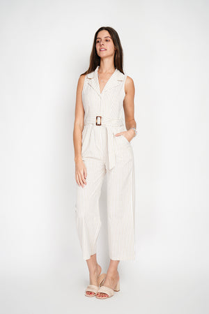 Striped jumpsuit with vintage buckle belt and side pocket