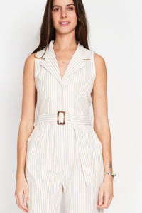 Striped jumpsuit with vintage buckle belt and side pocket