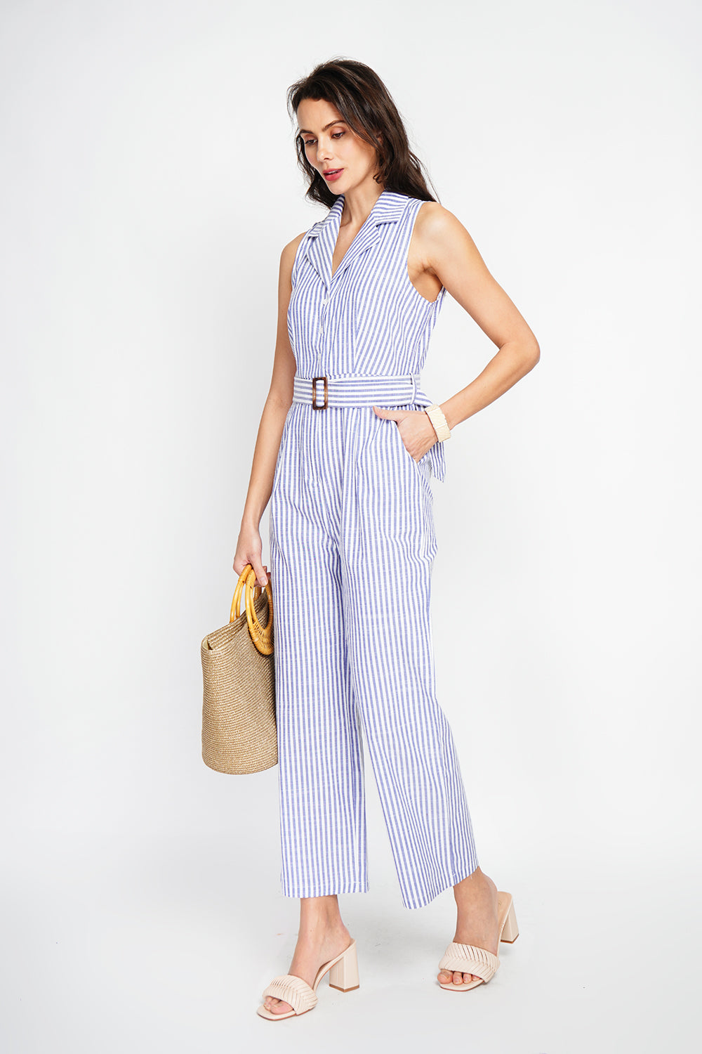 Striped jumpsuit with vintage buckle belt and side pocket