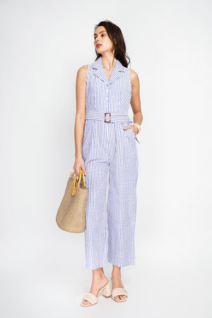 Striped jumpsuit with vintage buckle belt and side pocket